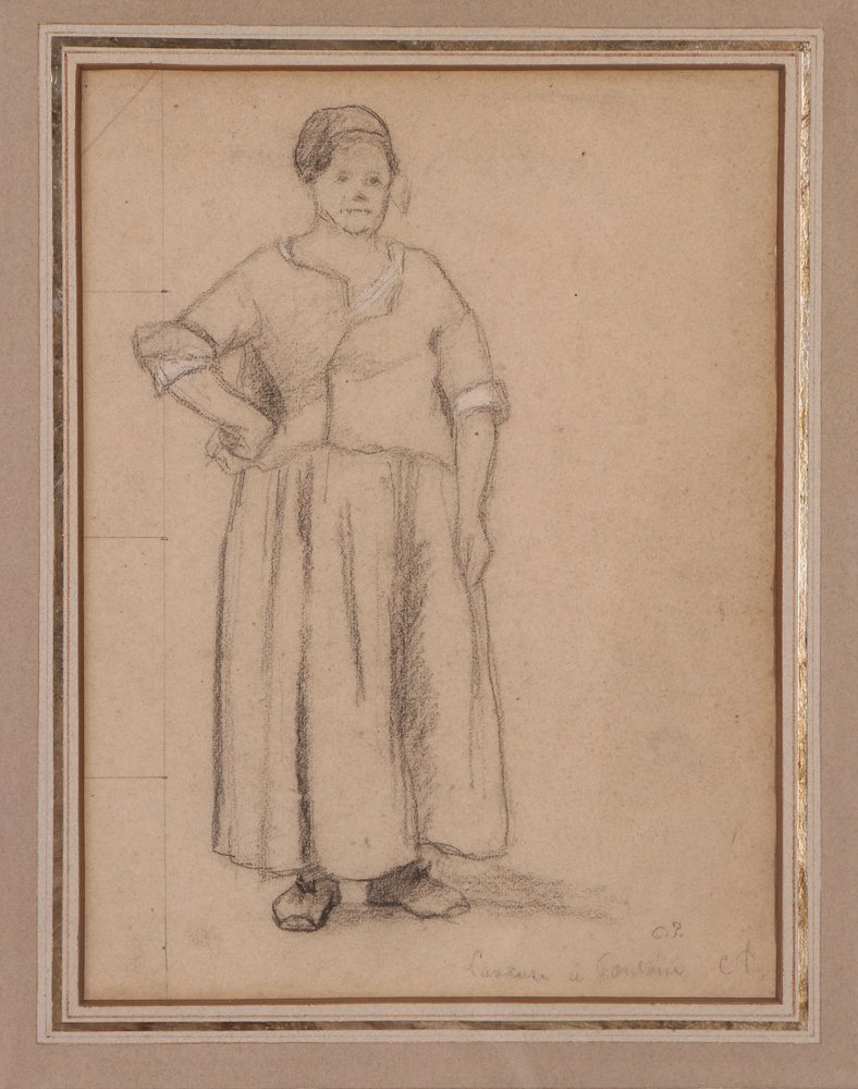 Camille Pissarro charcoal "Lavandeuse a Pontoise": Artist: Pissarro, Camille (French 1830 - 1903) Title: Lavandeuse a Pontoise Medium: charcoal drawing on tan paper Dimensions: 12 x 9 inches Signature: signed twice with initials and titled Provena
