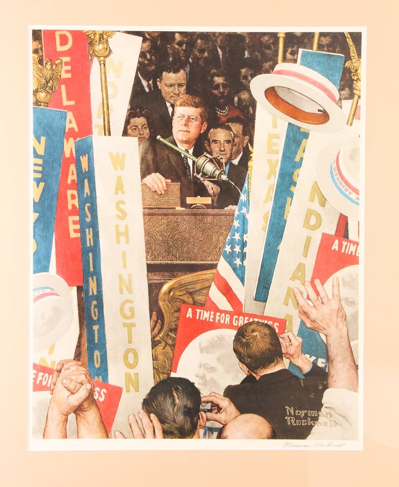 Rockwell signed print "A Time for Greatness" JFK: Artist: Rockwell, Norman (American 1894-1978) Title: A Time for Greatness Date: 1970 Medium: Collotype, on Rives paper Dimensions: 25.5 x 20.5 inches Editions: numbered J 34/100 Signature