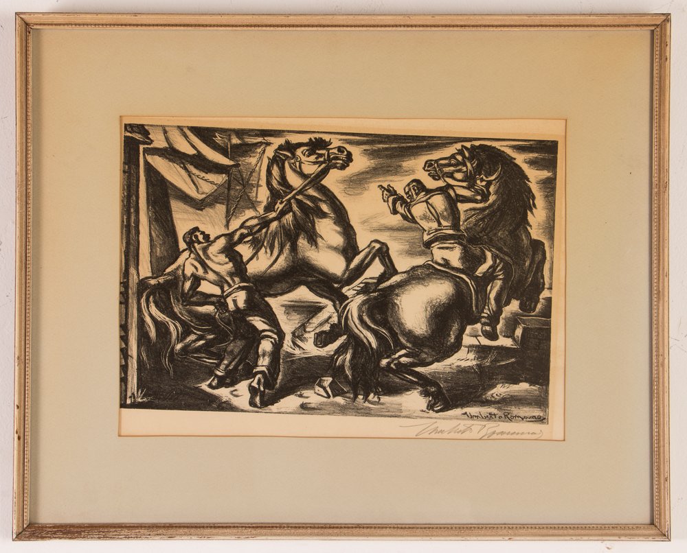 2 Umberto Romano orig lithos "Frightened Horses &: Artist: Romano, Umberto (Italian/American, 1905-1984) Title: Frightened Horses & Pagliacci Date: 1948 Medium: lithograph Dimensions: 9 x 13.75 inches & 8.75 x 13 inches Editions: AAA Edition of