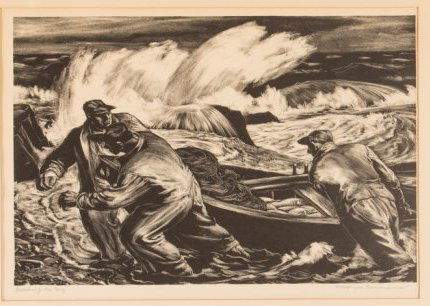 ROBERT VON NEUMANN LITHO "Beaching the Dory": Artist: Von Neumann, Robert Franz (German/American 1888 - 1976) Title: Beaching the Dory Date: circa 1940 Medium: lithograph Dimensions: 9 1/4 x 13 3/4 inches Editions: AAA Edition likely of 2