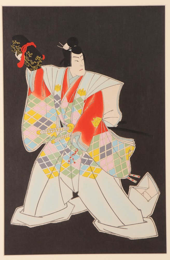 3 Japanese Woodblocks 2 Samurai 1 Geisha: Title: 2 Samurai 1 Geisha Medium: color woodblocks with embossing Dimensions: 14.75 x 10 inches Provenance: The Estate of Margaret and Howard Hanson.