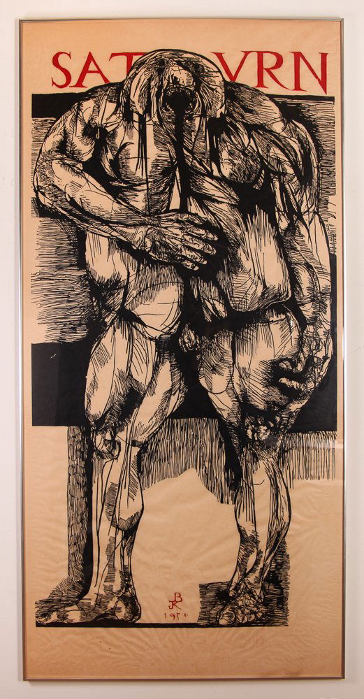 Leonard Baskin monumental woodcut "Saturn": Artist: Baskin, Leonard (American 1922-2000) Title: Saturn, (Fern & O’Sullivan, 577) Date: 1970 Medium: woodcut in two colors Dimensions: 71 x 37.5 inches Signature: Pencil signed lower right<