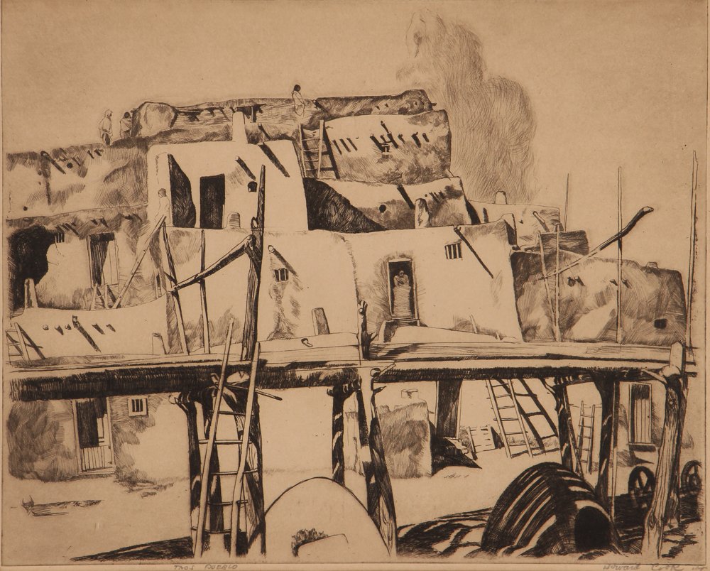 Howard Cook Etching Taos Pueblo: Artist: Cook, Howard Title: Taos, Pueblo Medium: etching Dimensions: 8 x 10 inches Signature: Pencil signed