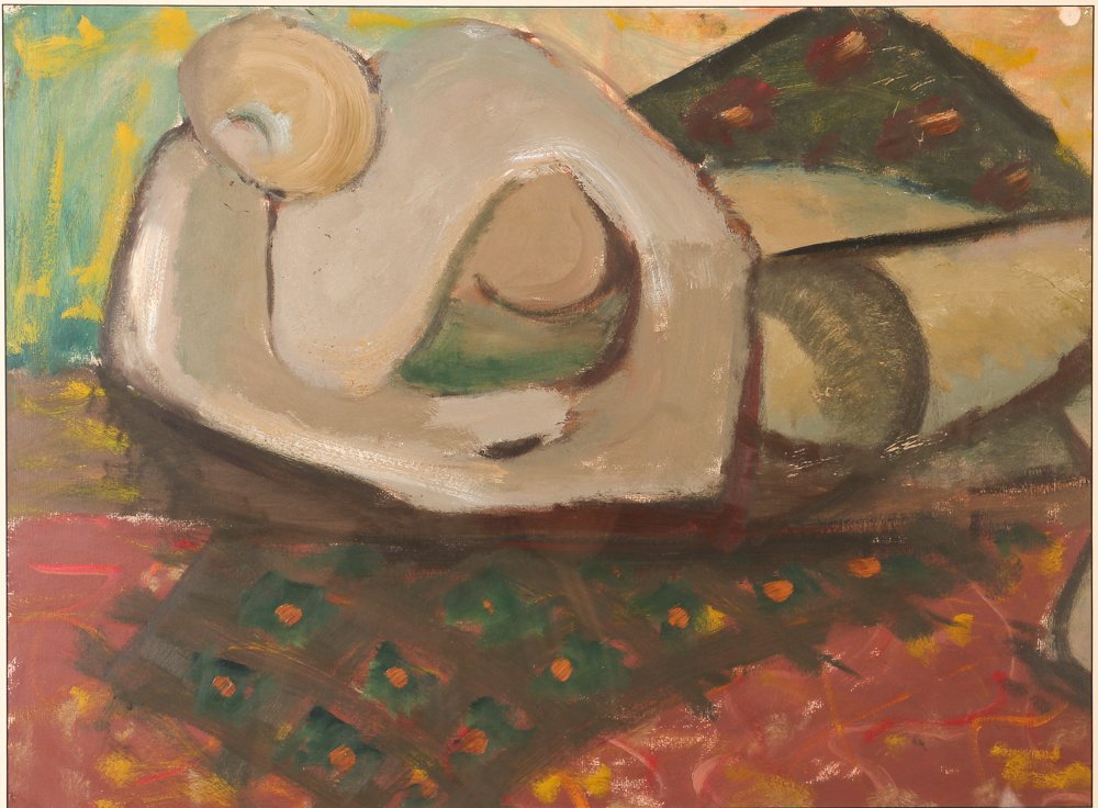 Glen Davis ptg. "Relining Figure": Artist: Davis, William Glen (20th Century Western Pa.) Title: Relining Figure on Oriental Carpet Medium: oil and mixed media on paperboard Dimensions: 18.5 x 25 inches Provenance: The Estate of Glen D