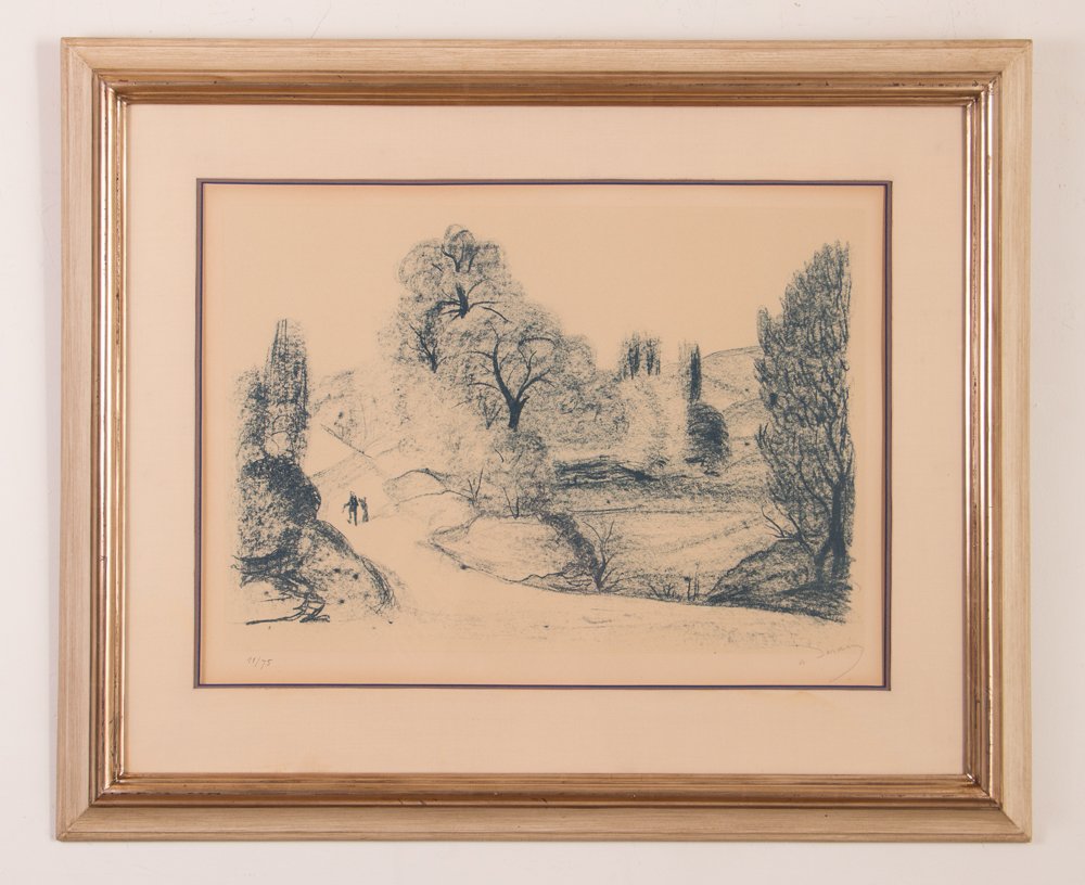 Andre Derain orig litho "Paysage Blue": Artist: Derain, Andre (French, 1880-1954) Title: Paysage Blue Medium: lithograph Dimensions: 15.5 x 22.5 inches Editions: numbered 11/75 Signature: Pencil signed and numbered 7/75 Frame T