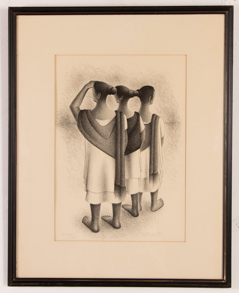 Francisco Dosamantes orig litho ''Mayan Trio'': Artist: Dosamantes, Francisco (Mexican 1911-1986) Title: Mayan Trio Date: circa 1947 Medium: lithograph Dimensions: 12 ¾ x 9 ½ inches Editions: AAA Edition of 250 Signature: pencil