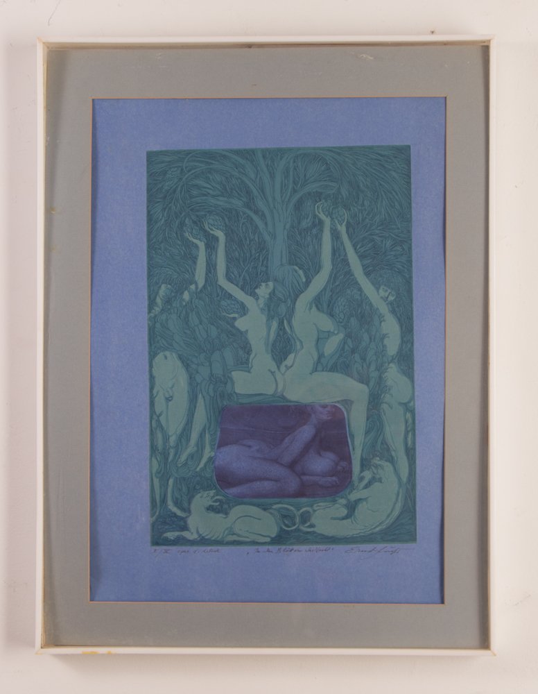 2 Ernst Fuchs etchings on tinted papers: Artist: Fuchs, Ernst (Austrian, b.1930) Title: In the Sheets of the Night and Sprüche der Sphinx Date: 1966 Medium: Etchings with hand coloring on tinted paper Dimensions: 17.75 x 12 inches each E