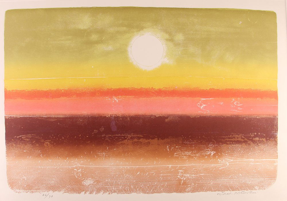 Michael Rothenstein color woodcut Sunrise at 36000 Feet: Artist: Rothenstein, Michael (British 1908-1993) Title: Sunrise at 36000 Feet Date: 1973 Medium: Color Woodcut and intaglio print on paper Dimensions: 19 x 27.75 inches, 505 x 725mm. Editions: