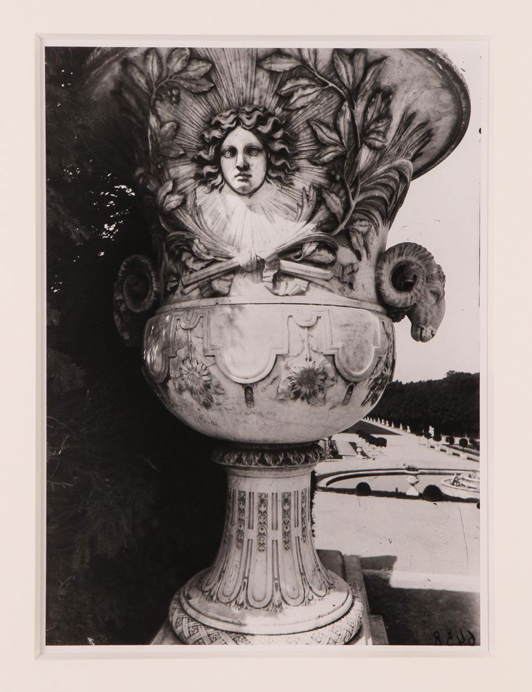 Eugene Atget photograph of Gardens Versailles: Artist: Atget, Eugene (French, 1857-1927) Title: Versailles, detail d’on Vase par Drully Medium: Silver gelatin print, likely posthumous Dimensions: 10.75 x 7.75 inches Provenance: The Estate of Aar