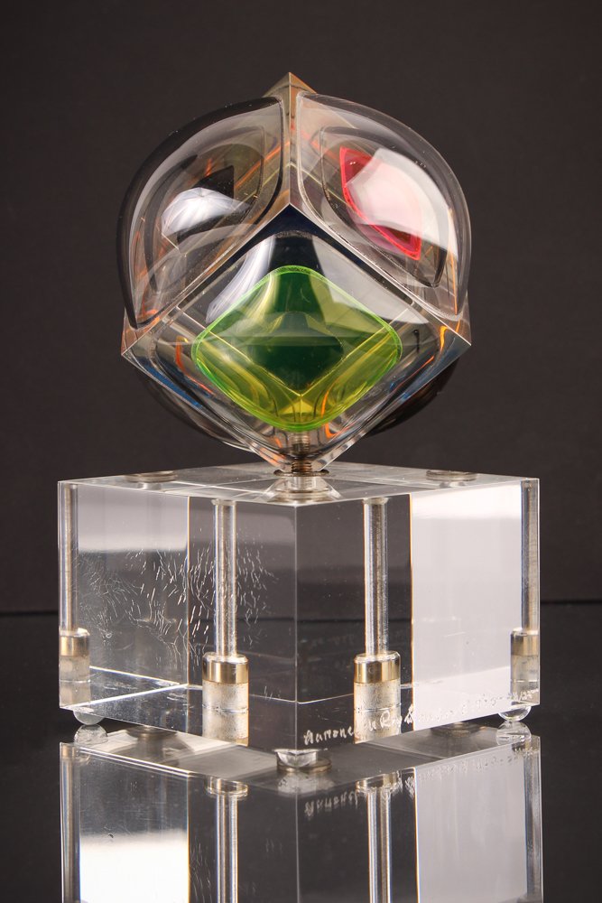 Aaronel Gruber Tabletop Kinetic Sculpture: Artist: Gruber, Aaronel deRoy (American, 1918-2011) Title: Untitled multi-color Kinetic Geometric Sphere Date: 1970 Medium: vacuum formed Plexiglas Sculpture Dimensions: 6 inches tall Editions: </