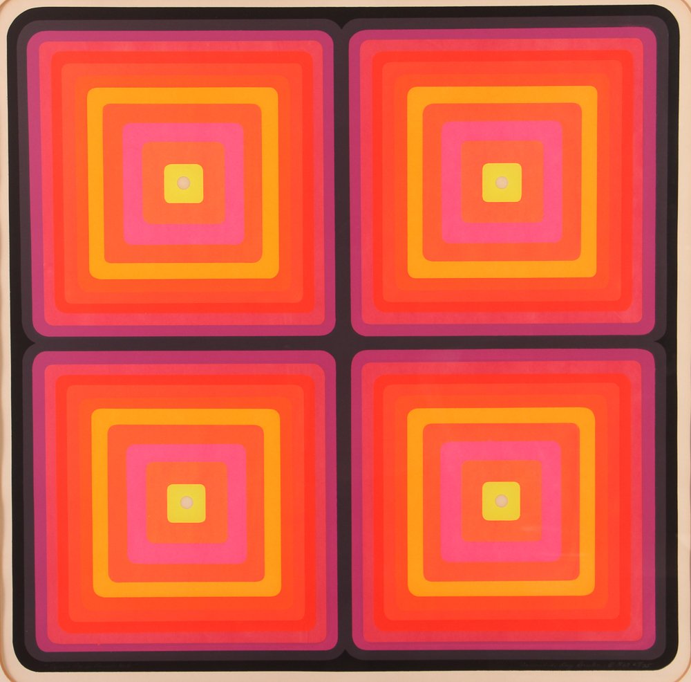Aaronel Gruber Op Art "Square Peg in a Round Hole": Artist: Gruber, Aaronel deRoy (American, 1918-2011) Title: Square Peg in a Round Hole, 1969 (AG44) Date: 1969 Medium: Serigraph printed in colors Dimensions: 28.5 x 28.5 inches Editions: numbe