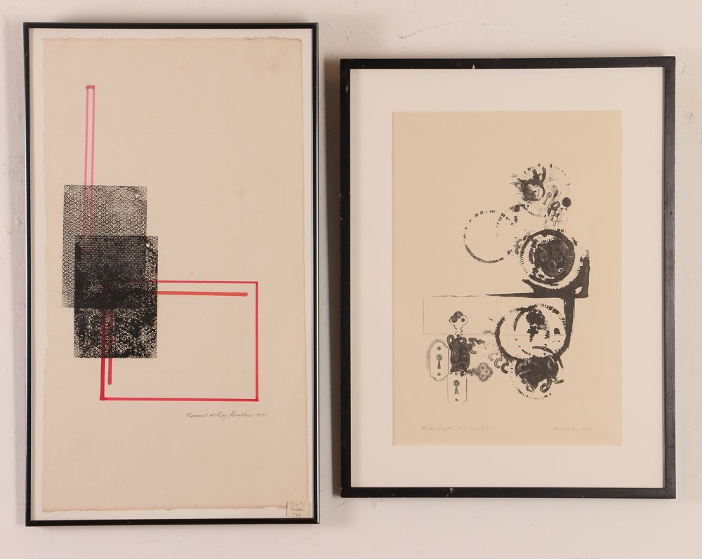 2 Experimental Aaronel Gruber works on paper: Artist: Gruber, Aaronel deRoy (American, 1918-2011) Title: Finders Keepers, 1965 (AG125) & Double Screened Date: 1965 & 1981 Medium: Lithograph and mixed media on paper Dimensions: 12 x 8 inches & 22.