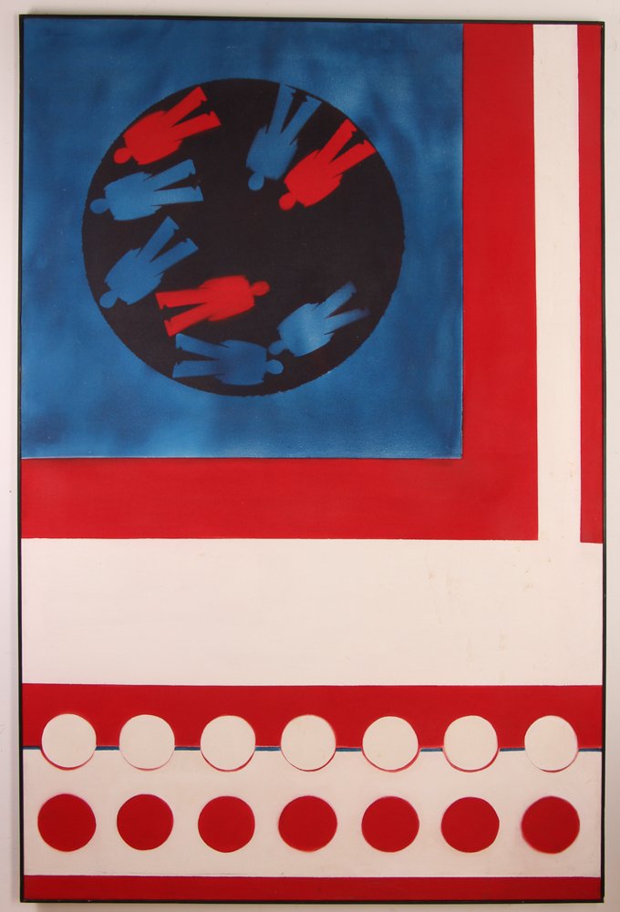 Aaronel Gruber 1964 Painting "Stop the World": Artist: Gruber, Aaronel deRoy (American, 1918-2011) Title: Stop The World Date: 1964 Medium: acrylic on canvas Dimensions: 72 x 47.5 inches Signature: signed dated and titled on the canvas rev