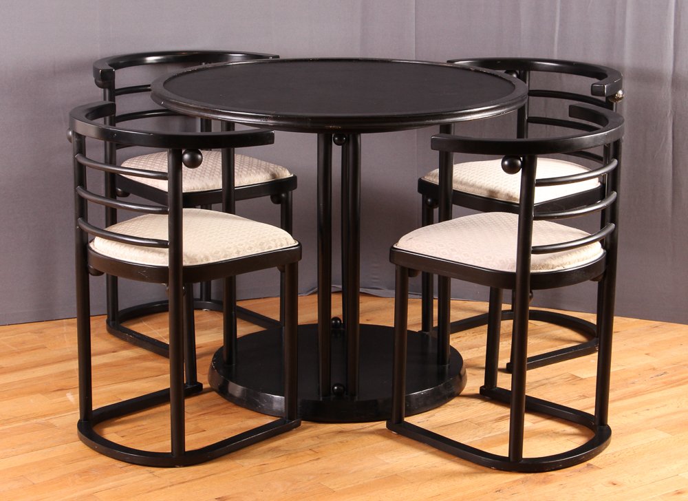 Thonet Hoffman Fledermaus Cafe Set: Artist: Hoffmann, Designed by Josef for the Kabaret Fledermaus Title: Table with 4 Café Chairs Date: designed circa 1907 Medium: painted wood with leather top Dimensions: table: 30 x 36 x 36 inches;