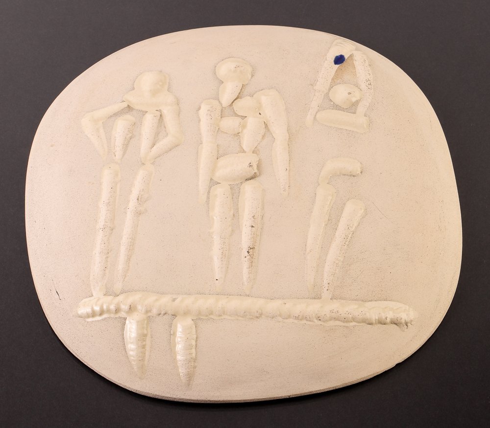 Picasso/Madoura Trois personnages sur tremplin: Artist: Picasso, Pablo (Spanish, 1881-1973) Title: Trois personnages sur tremplin (A.R. 373) Medium: unglazed white earthenware plaque Dimensions: 8.2 inches diameter Signature: stamped ‘Empreinte O