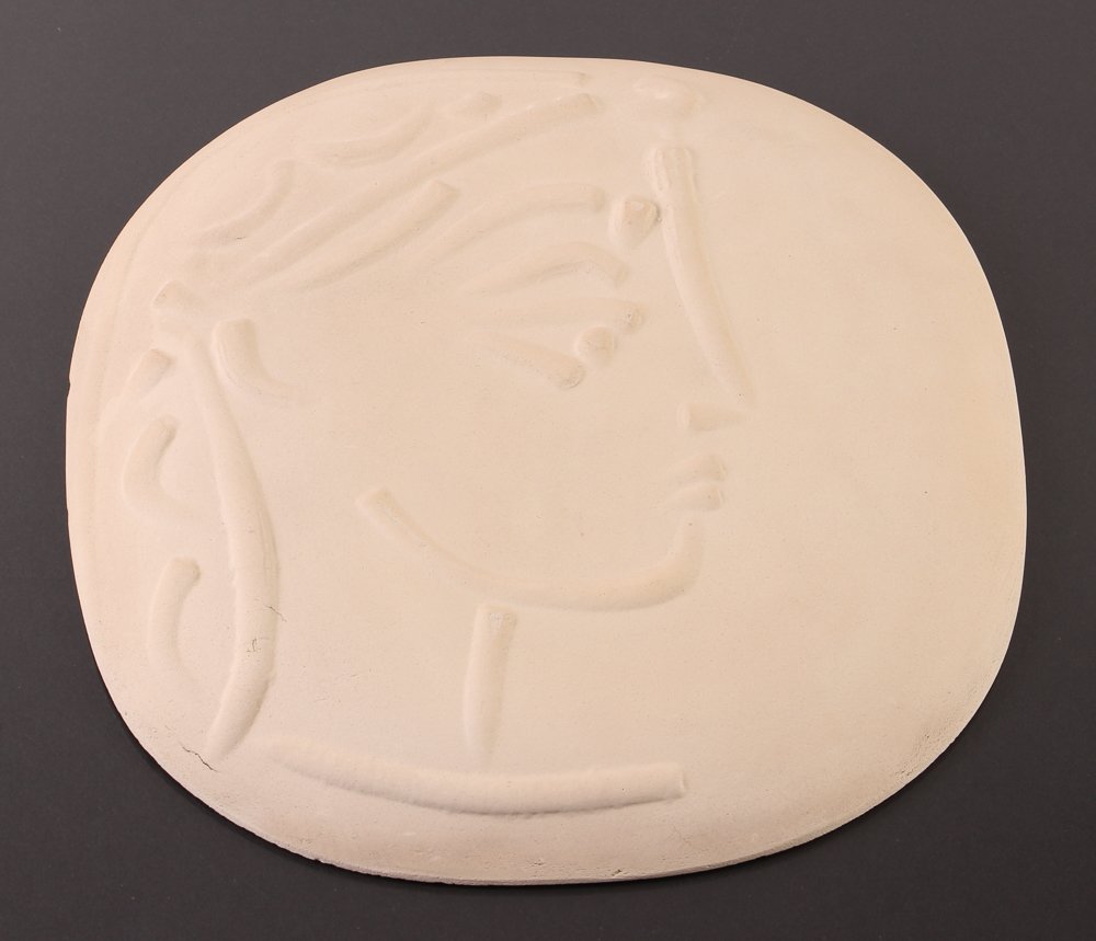 Picasso/Madoura Jacqueline's Profile Wall Plaque: Artist: Picasso, Pablo (Spanish, 1881-1973) Title: Jacqueline's Profile Medium: unglazed white earthenware plaque Dimensions: 8.2 inches diameter Signature: stamped ‘Empreinte Originale de Picasso/M
