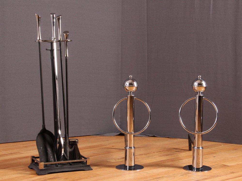 Modern Chrome Fireplace Set w/Andirons: Artist: Portland Willamette Title: Modern Chrome Fireplace Set w/Andirons Medium: chrome Dimensions: tools measure: 30 inches tall Provenance: The Estate of Aaronel Gruber