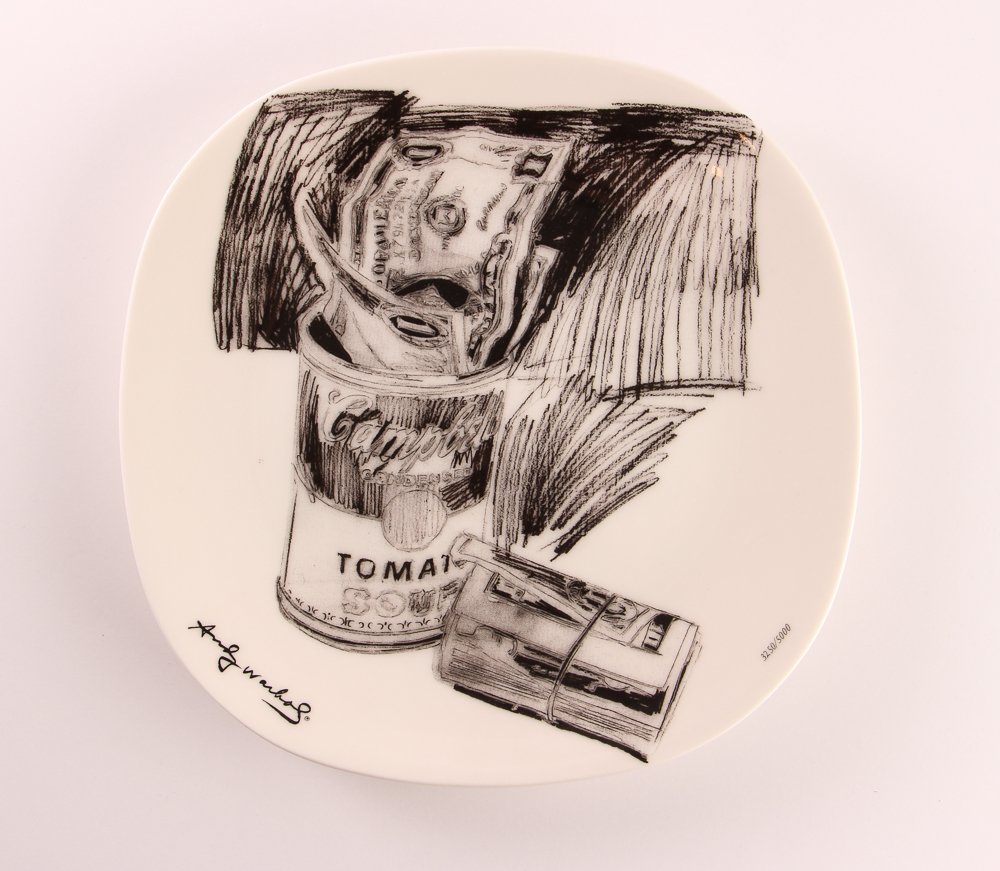 After Andy Warhol Campbell's Soup Can & Dollar Bills: Artist: Warhol, After Andy Title: Campbell's Soup Can and Dollar Bills Date: 1998 Medium: porcelain dish with screenprinting Editions: 3250/5000 Signature: Published by Block China for the Andy