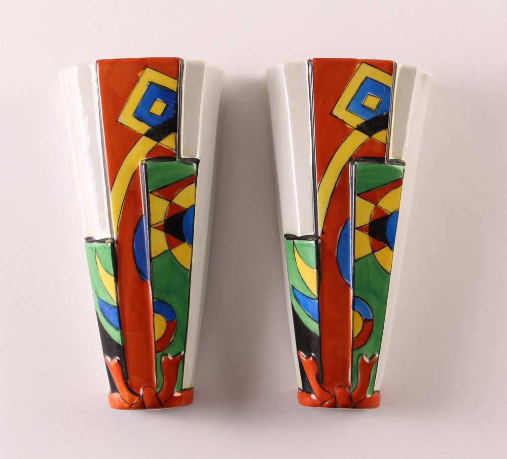 Pair Art Deco Japanese Wall Pockets: Title: Pair Art Deco Japanese Wall Pockets Medium: glazed ceramic Dimensions: 7.5 inches tall Provenance: The Estate of Aaronel Gruber