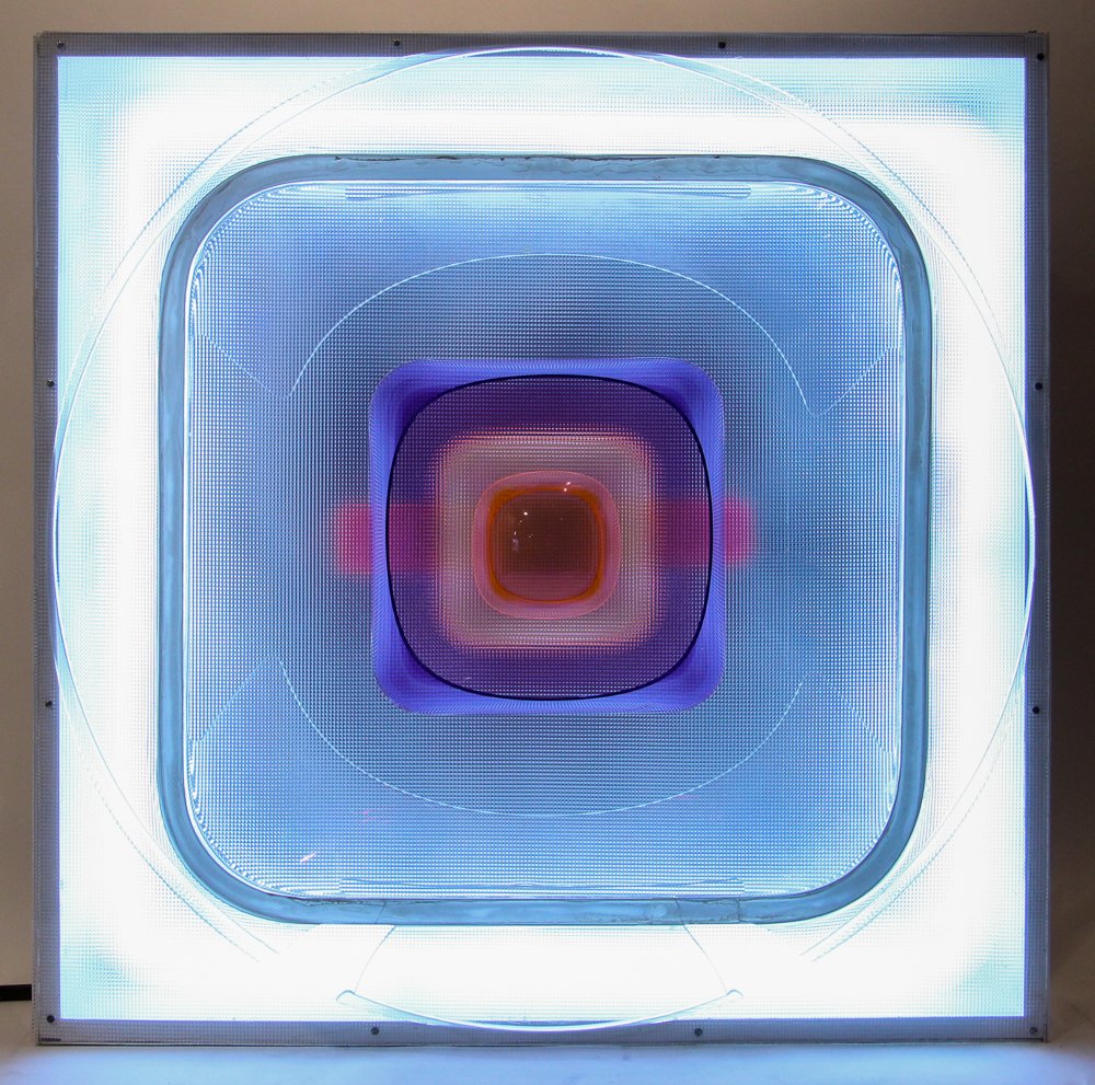 Aaronel Gruber "Untitled Light Box Sculpture": Artist: Gruber, Aaronel deRoy (American, 1918-2011) Title: Untitled Plexiglas Light Box Sculpture Date: 1970's Medium: Electrified vacuum formed Plexiglas sculpture Dimensions: 34 x 34 x 11 inches