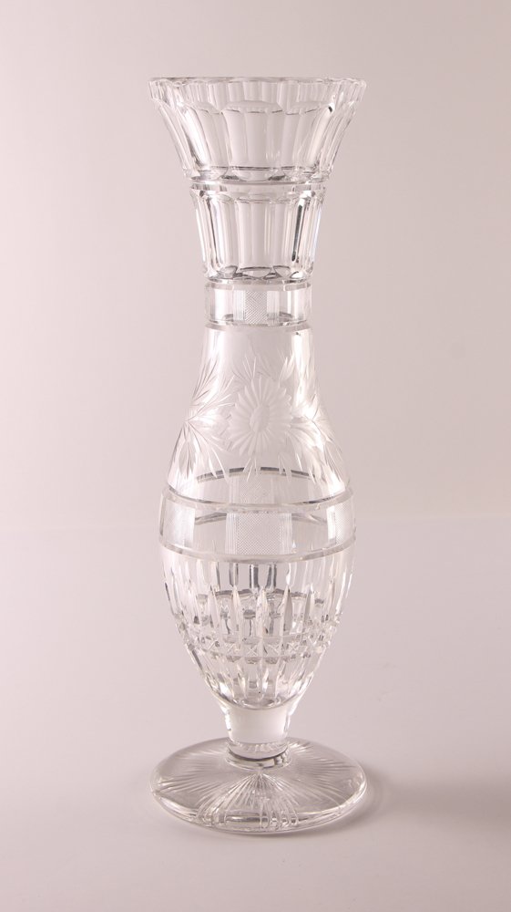 Tall Cut and Engraved Glass Vase: Title: Tall Cut and Engraved Glass Vase Medium: cut glass Dimensions: 14 inches tall Provenance: The Estate of Aaronel Gruber