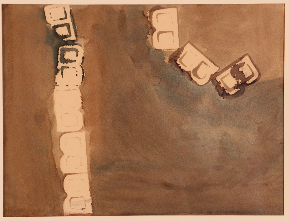 Jane Haskell watercolor "B" Alphabet Series: Artist: Haskell, Jane (American 1923 - 2013 ) Title: "B" Date: 1960's Medium: watercolor and stencil Dimensions: 9 x 11.75 inches Provenance: The Estate of Aaronel Gruber Frame Type: </