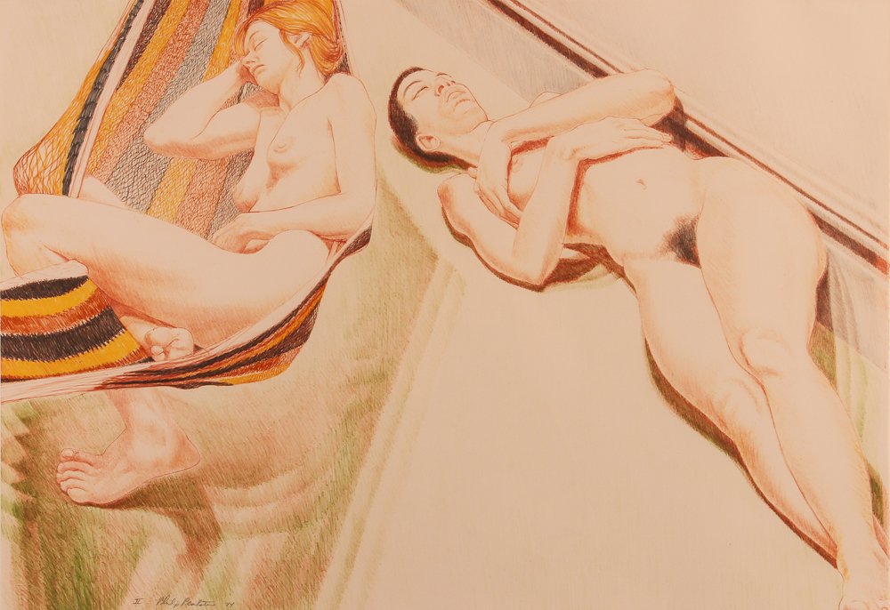 Philip Pearlstein 1974 orig litho 2 Nudes with Hammock: Artist: Pearlstein, Philip (American, b. 1924) Title: Two Nudes with Hammock Date: 1974 Medium: Lithograph printed in colors, Published by Landfall Press Dimensions: 24.5 x 35.5 inches Editions: </
