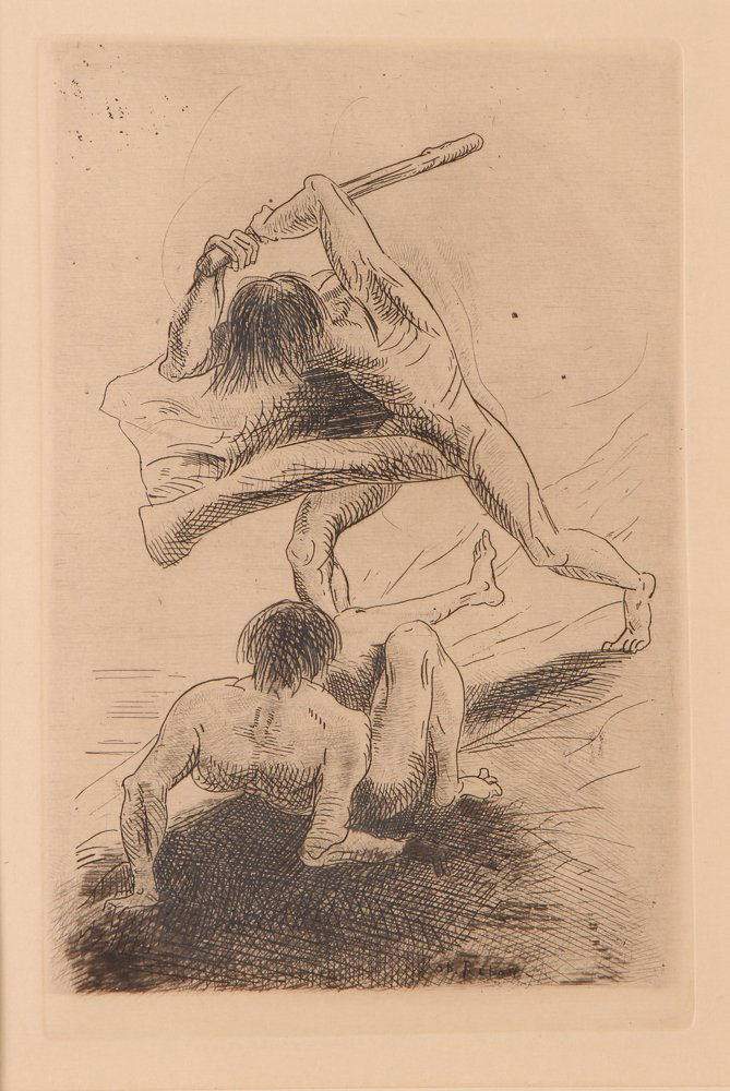 Odilon Redon 1886 etching "Cain and Abel": Artist: Redon, Odilon (French, 1840-1916) Title: Cain and Abel Date: 1886 Medium: etching and dry point Dimensions: 7 1/2 x 5 1/8 inches Signature: signed in the plate along the lower edge of