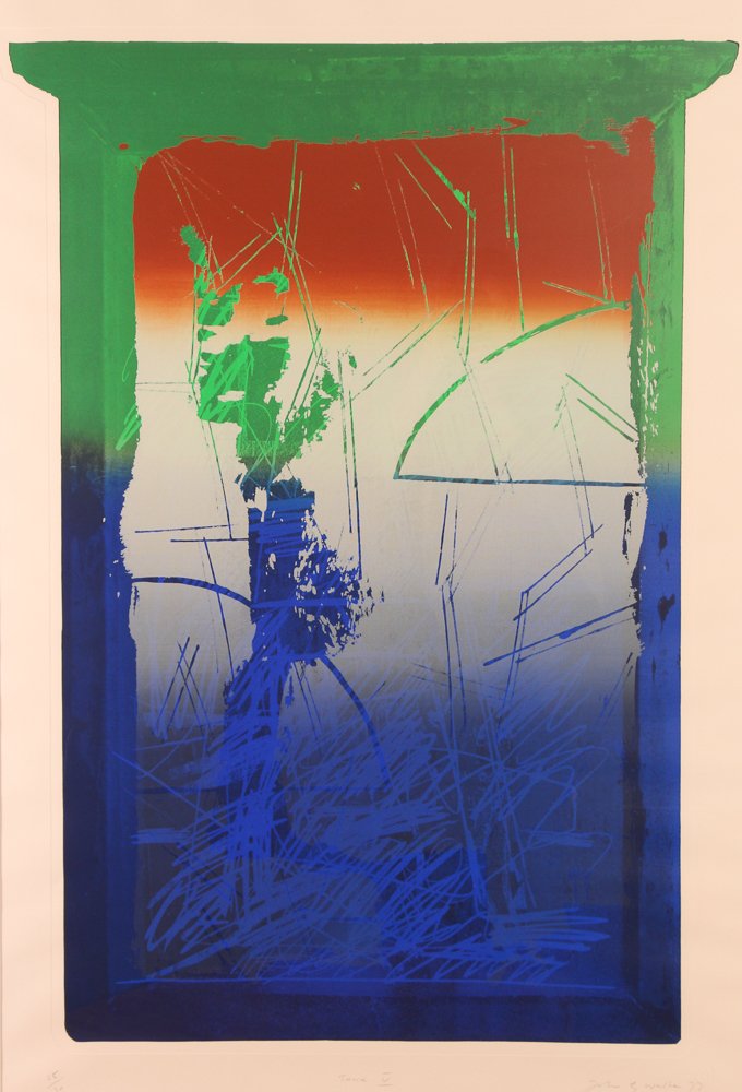 John Walker 1973 serigraph "Tank #5": Artist: Walker, John (British, b. 1939) Title: Tank #5, 1973 Date: 1973 Medium: Serigraph and etching printed in colors with embossing Dimensions: 41 x 29.75 inches Editions: numbered 25/30