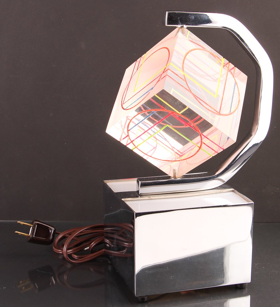 Aaronel Gruber Clear Plexiglas Cube sculpture: Artist: Gruber, Aaronel deRoy (American, 1918-2011) Title: Untitled (AG040) Medium: Electrified Kinetic vacuum formed Plexiglas sculpture Dimensions: 12 x 8 x 7 inches Provenance: The Estate of Aarone