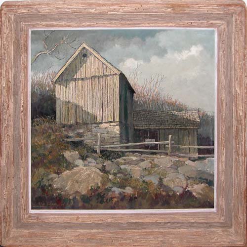 Sloane, Eric - Bank Barn Oil on Board: Bank Barn Oil on Board Sloane,Eric 22.25 x 22.25 inches In generally good condition. Lower left(Eric Sloane NA) Framed (Wood, 29.25 x 29.25 inches, artist's frame)