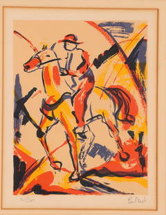 Paul Nash lithograph "Man on Horse": Artist Nash, Paul (British 1889-1946) Title "Man on Horse" Medium Colored Lithograph Dimensions 9.75 x 7.5 inches Edition 165/200 Signature Signed Paul Nash lower right