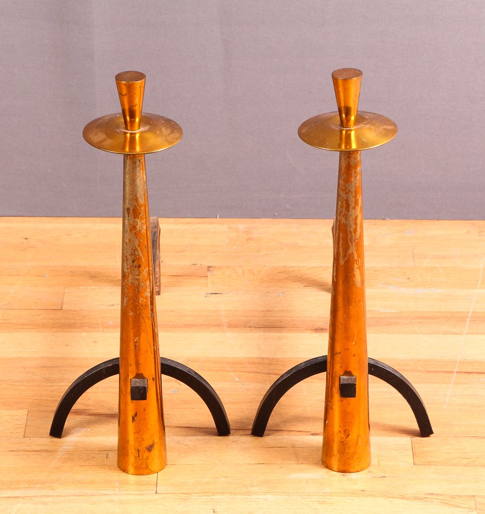 Midcentury brass and iron andirons: Title Midcentury brass and iron andirons Medium brass and iron Dimensions 17 x 17 x 7 inches Signature no markings