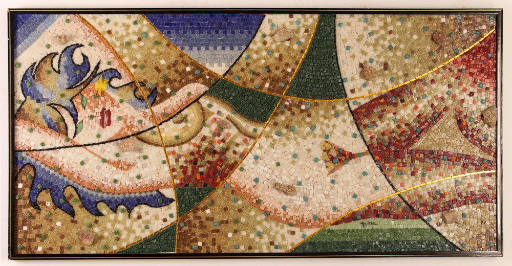 Genaro Alvarez mosaic "Modern Maja": Artist Alvarez, Genaro (20th Century Mexican) Title Modern Maja Date 1965 Medium Mosaic relief, glass tiles, precious stones, rock in relief Dimensions 24 x 48 inches Signature
