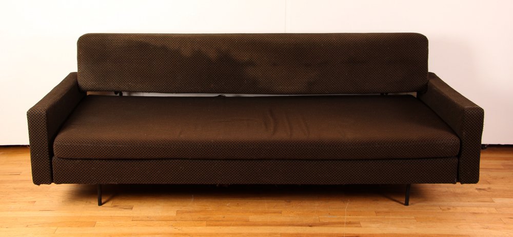 Knoll Daybed with Convertible Back and Arms: Artist Knoll Title Black and Tan Upholstered Convertible Knoll Daybed Medium Upholstery and metal Dimensions 31 x 86 x 30.5 inches Signature no markings
