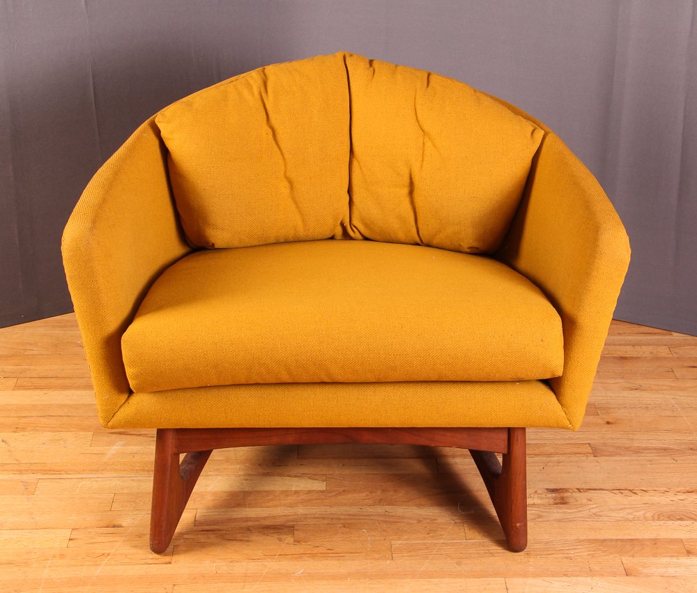 Adrian Pearsall Arm Chair: Artist designed by Adrian Pearsall Title Fabric and Walnut Mid Century Modern Yellow Pearsall Arm Chair Date circa mid 20th century Medium Walnut, Wool Dimensions 27 x 35 x 29 inches