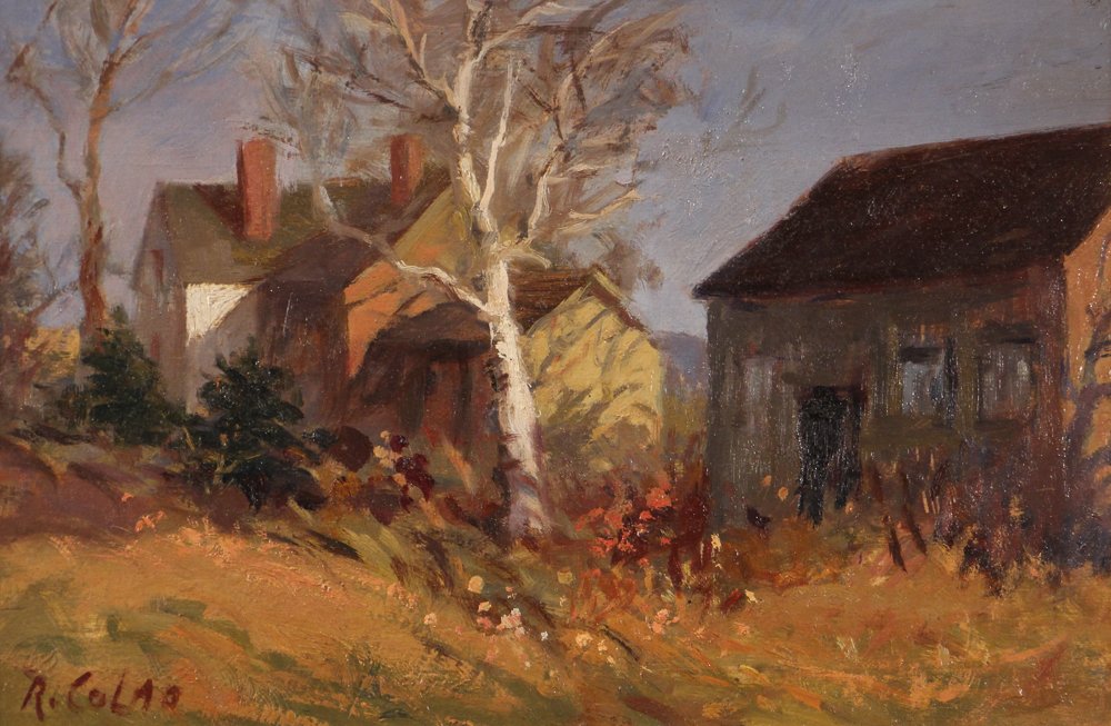 Rudy Colao 1970 oil "Afternoon Shadows": Artist: Colao, Rudy (Rudolph) (American 1927 - 2014) Title: Afternoon Shadows (Birch Tree and Barn) Date: c. 1970 Medium: oil on panel Dimensions: 8 x 12 inches Description: great painterly at