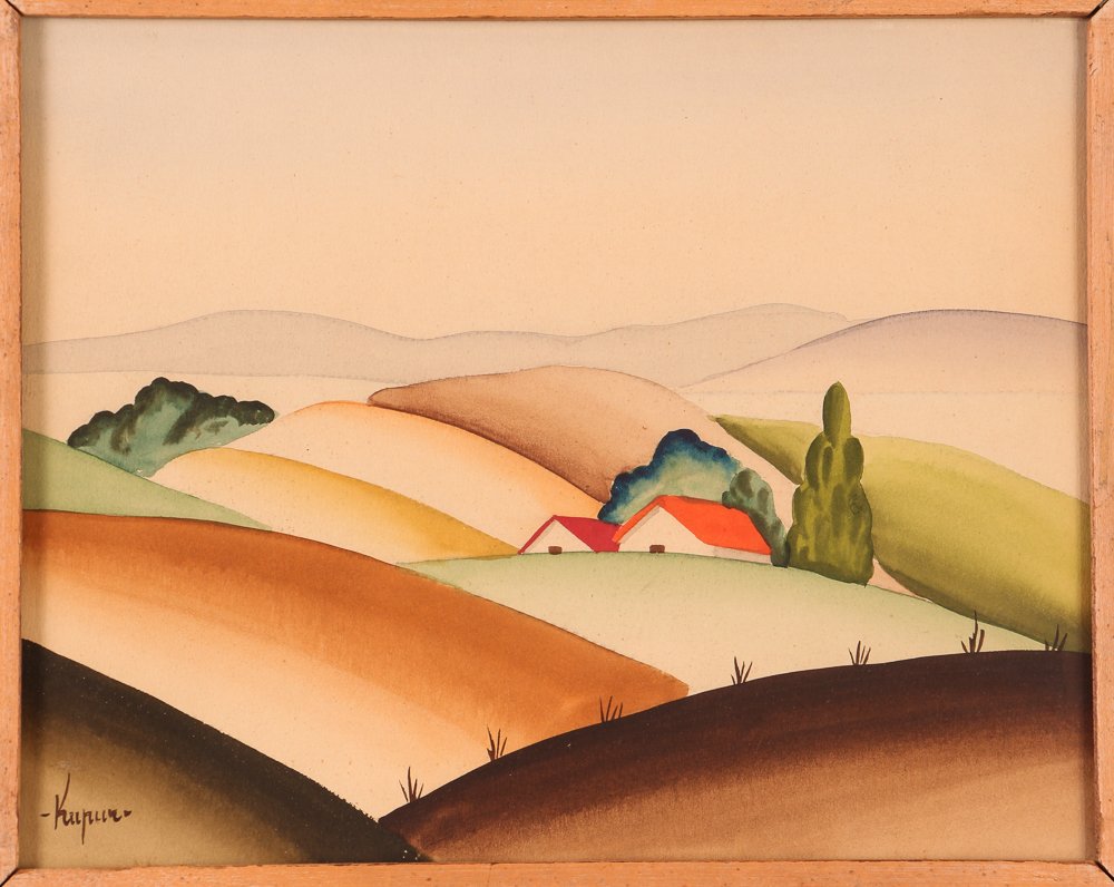 Kupur Watercolor Cubist Landscape "Farm House" (1 of 6)