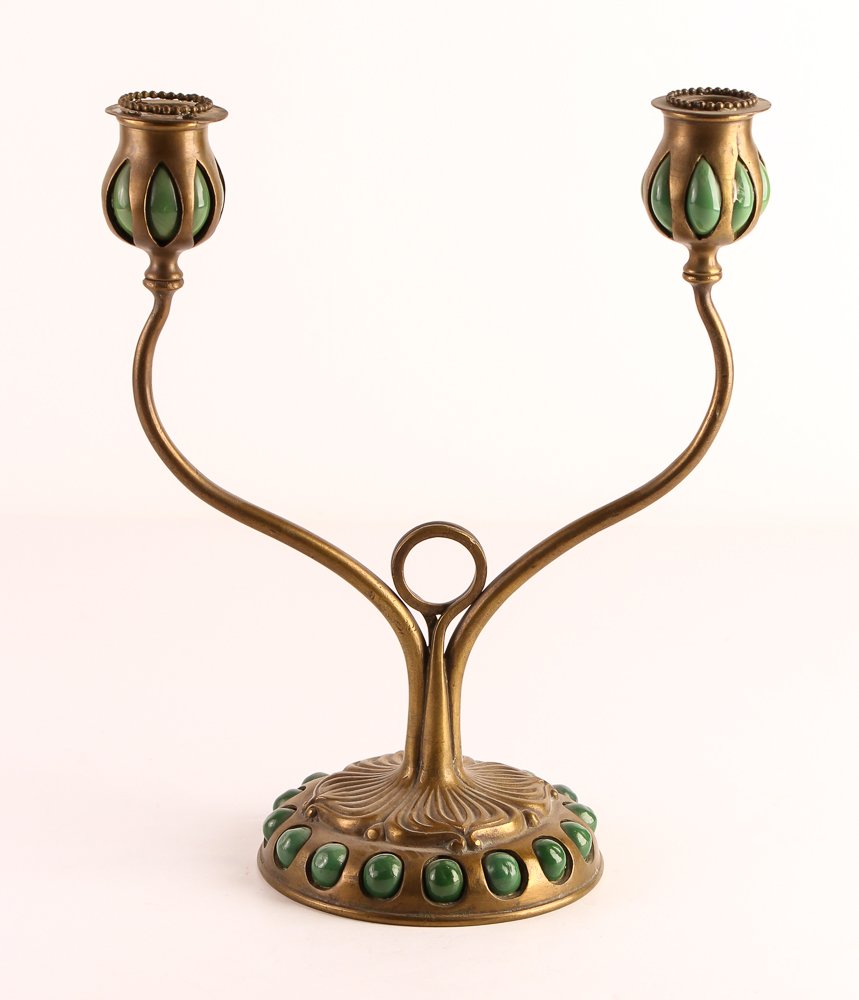 Tiffany Bronze & Glass TwoLight Candlestick D557