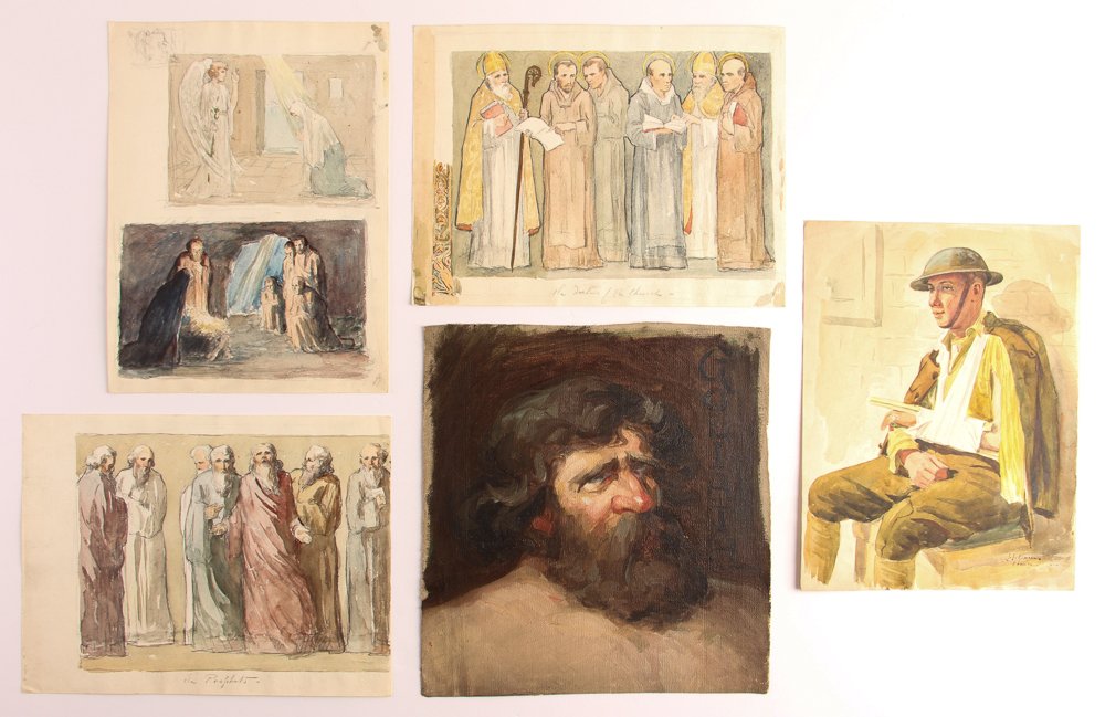 5 John Joseph Owens watercolors & 1 "Goliath ptg. (1 of 10)