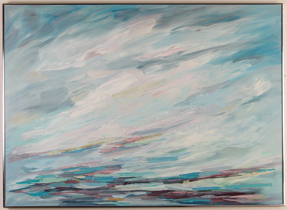 Fran Gialamas Sky Series painting: Artist: Gialamas, Fran (Contemporary Western PA) Title: Sky Series Medium: oil on canvas Dimensions: 33.5 x 46.5 inches Signature: signed lower right Provenance: GSK (formerly GlaxoSmithKl