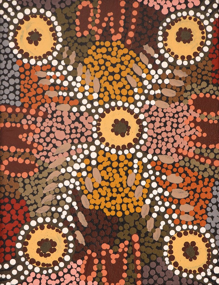 Nita Peranka Rununtja ptg. "Bush Tucker Dreaming": Artist: Rununtja, Nita Peranka (Contemporary Australian/Aboriginal) Title: Bush Tucker Dreaming Date: 1996 Medium: acrylic on canvas Dimensions: 10 x 8 inches Signature: signed on canvas