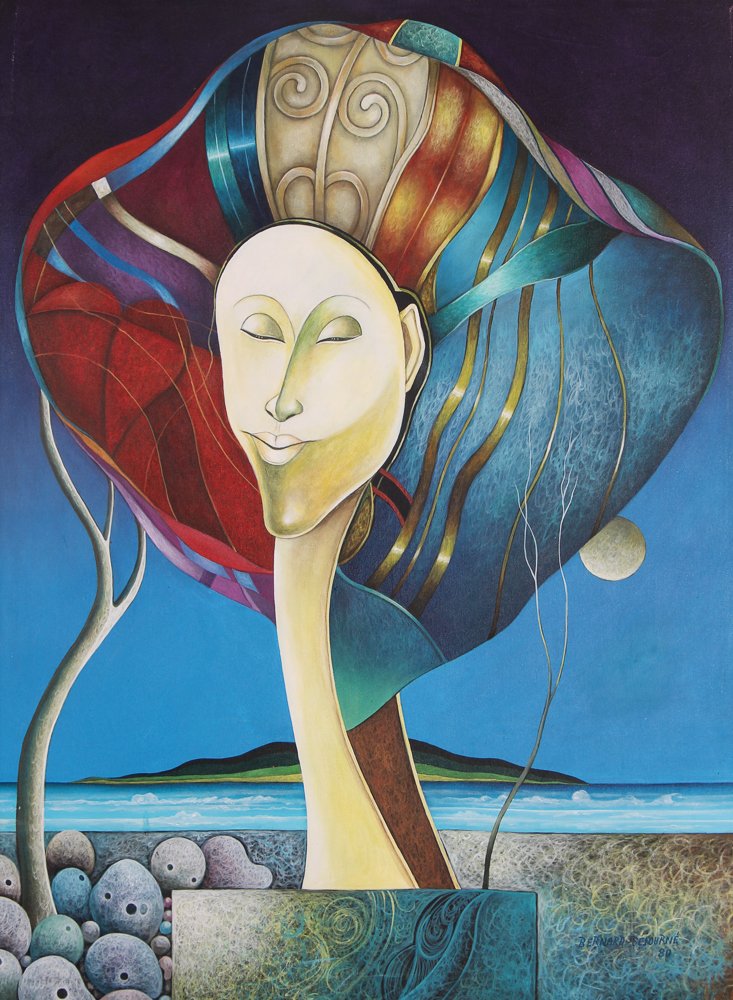 Bernard Sejourne 1980 "Head of a Woman": Artist: Sejourne, Bernard (Haitian 1947 - 1994) Title: Surrealist Head of a Woman Date: 1980 Medium: oil on canvas Dimensions: 39 x 29 inches Signature: signed and dated Bernard Sejourne