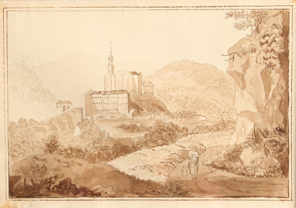 Sepia Drawing of Landscape, Monastery, and Figures (1 of 5)