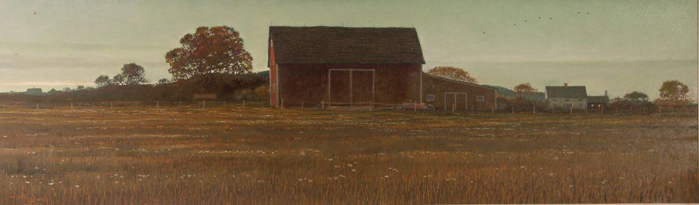 Eric Sloane oil ptg. "Daybreak": Artist: Sloane, Eric (American, 1910-1985) Title: Daybreak Medium: oil on wood panel Dimensions: 15 x 48 inches Signature: Signed lower left Eric Sloane N.A., signed , titled, and inscribed Warren Co
