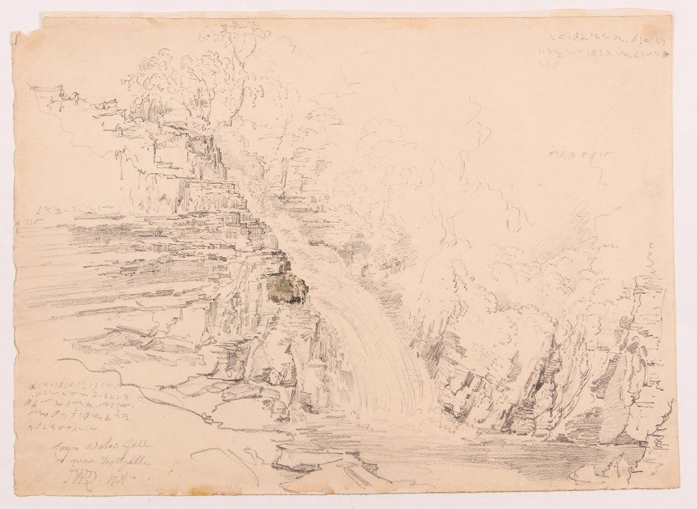 James Ward drawing "Cayn Waterfall Near Dolgelly": Artist: Ward, James (English 1800 - 1884) Title: Cayn Waterfall Near Dolgelly Medium: pencil drawing Dimensions: 10.5 x 15 inches Signature: signed JWD RA lower left