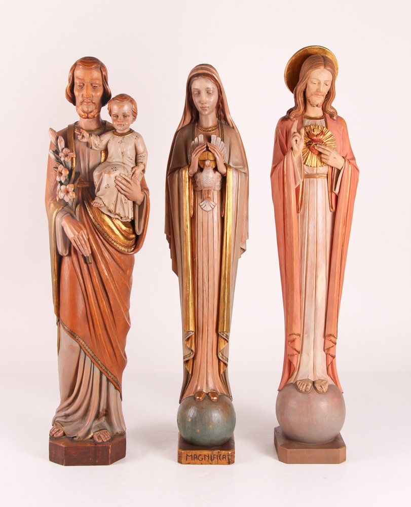 3 Carved Polychrome Wood Sculptures, Jesus, Mary, (1 of 5)