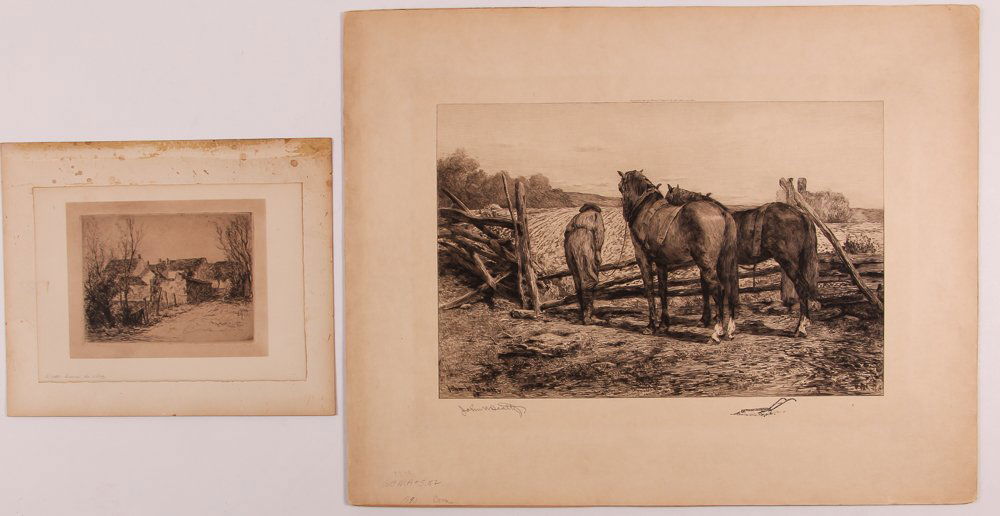 John W. Beatty & Jacques Beurdely etchings: Artist: Beatty, John Wesley (American, 1850-1924) & Beurdely, Jacques (French Etcher) Title: Farmer with Plow Horses Crossing a Fence and Le Petit Chemin du Village Date: 1888 & n.d. Medium: etching D