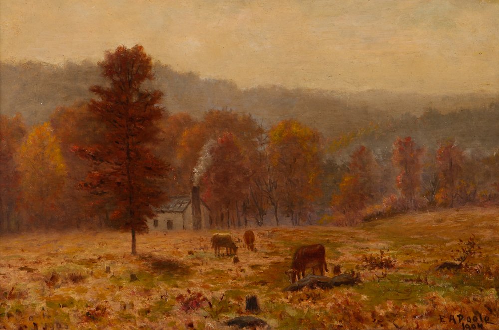E.A. Poole 1904 Near Indian Creek, Indian Summer: Artist: Poole, Eugene Alonzo (American 1841 - 1912) Title: Summerset Co Near Indian Creek, Indian Summer, 1904 Date: 1904 Medium: oil on artist's board Dimensions: 12 x 18.25 inches Signatu