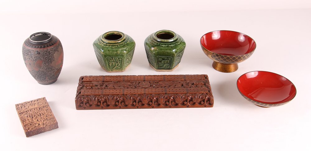 Collection of Asian Decorative Objects: Title: Collection of Asian Decorative Objects, Including: Chinese Export Carved Card Case, Chinese Export Carved Cribbage Board of Dragons, Two Antique Glazed Pottery Tea Jars, Fine Japanese Decorated